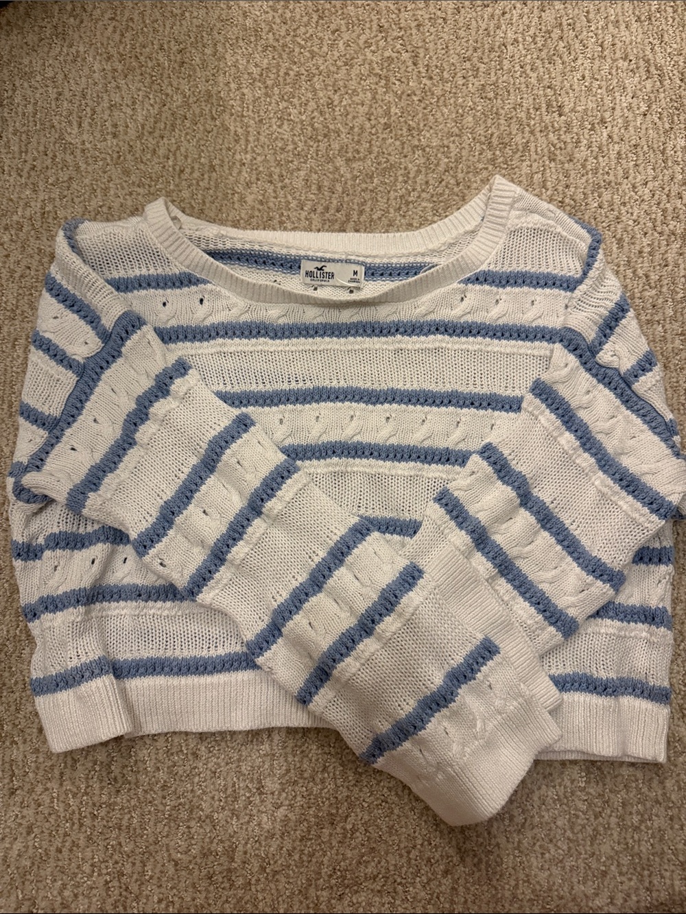 Hollister White and Light Blue Striped Crew Neck Sweater